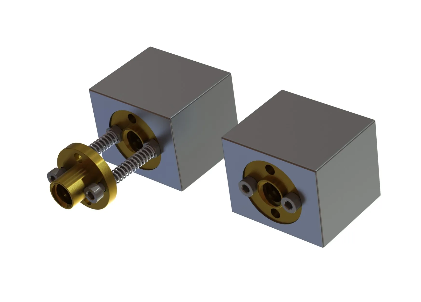 Lead screw nut comparison — DIY spring-preloaded anti-backlash nut assembly (left) versus standard brass nut (right). The anti-backlash arrangement was trialled and removed in favour of the simpler single-nut design