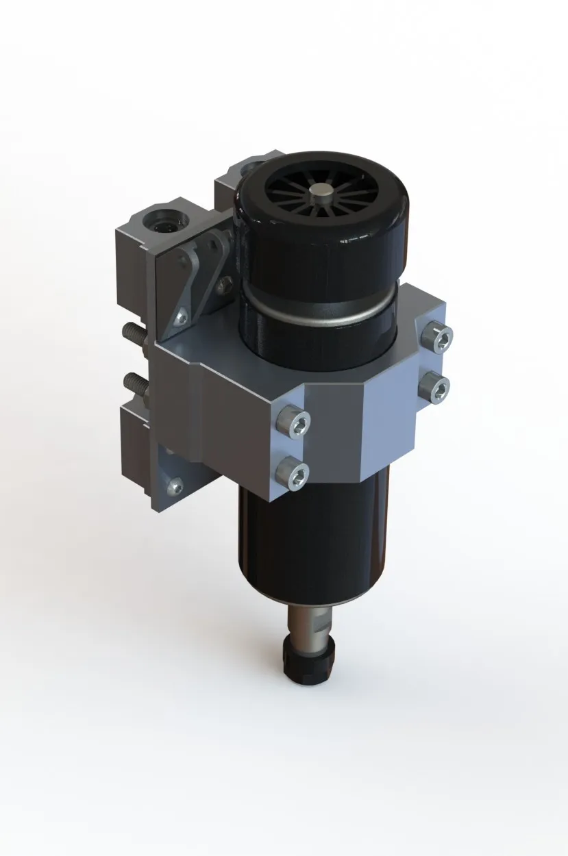 Z axis drive assembly — NEMA 17 stepper, lead screw, steel carriage plate, and linear bearing blocks. Mechanical limit switch (white, lower left) provides a repeatable Z home reference. Drag chain and mounts hidden for clarity